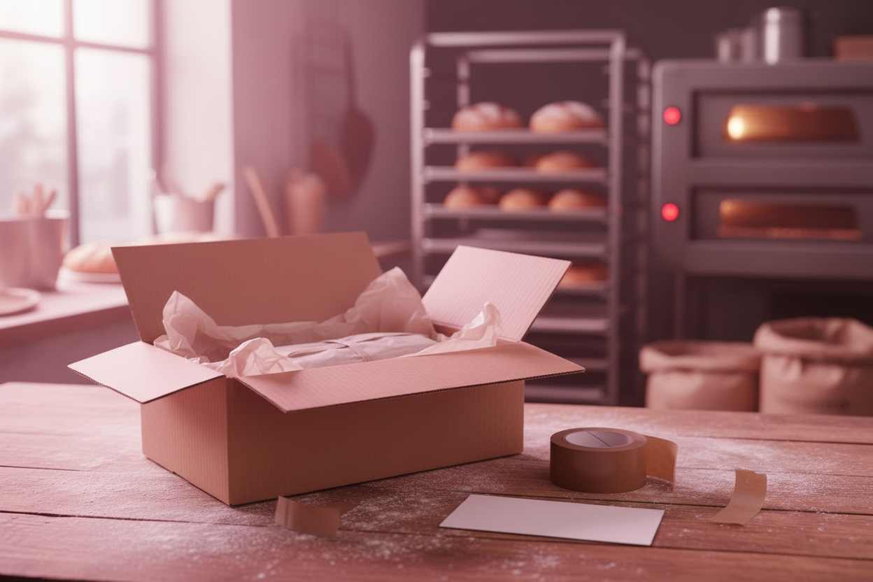 show a box getting ready to be shipped out on a bakery table
